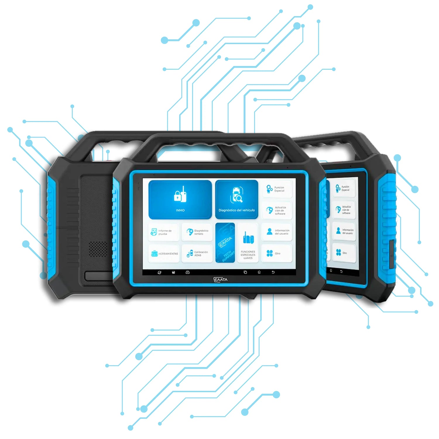 Dispositivo automotivo de diagnóstico EAATA com interface de tela sensível ao toque exibindo funções como diagnóstico veicular e programação de chaves, com fundo de circuito eletrônico em azul.